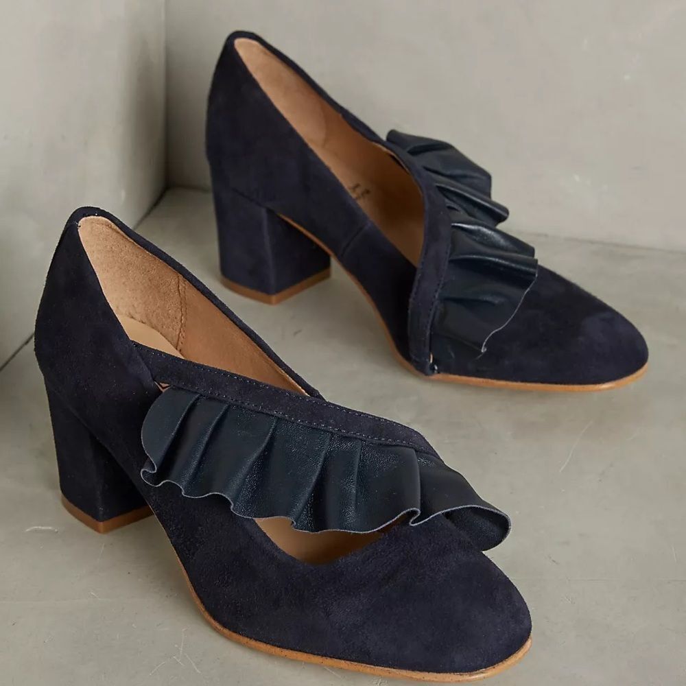Anthropologie KMB navy suede crossed ruffle stacked heels